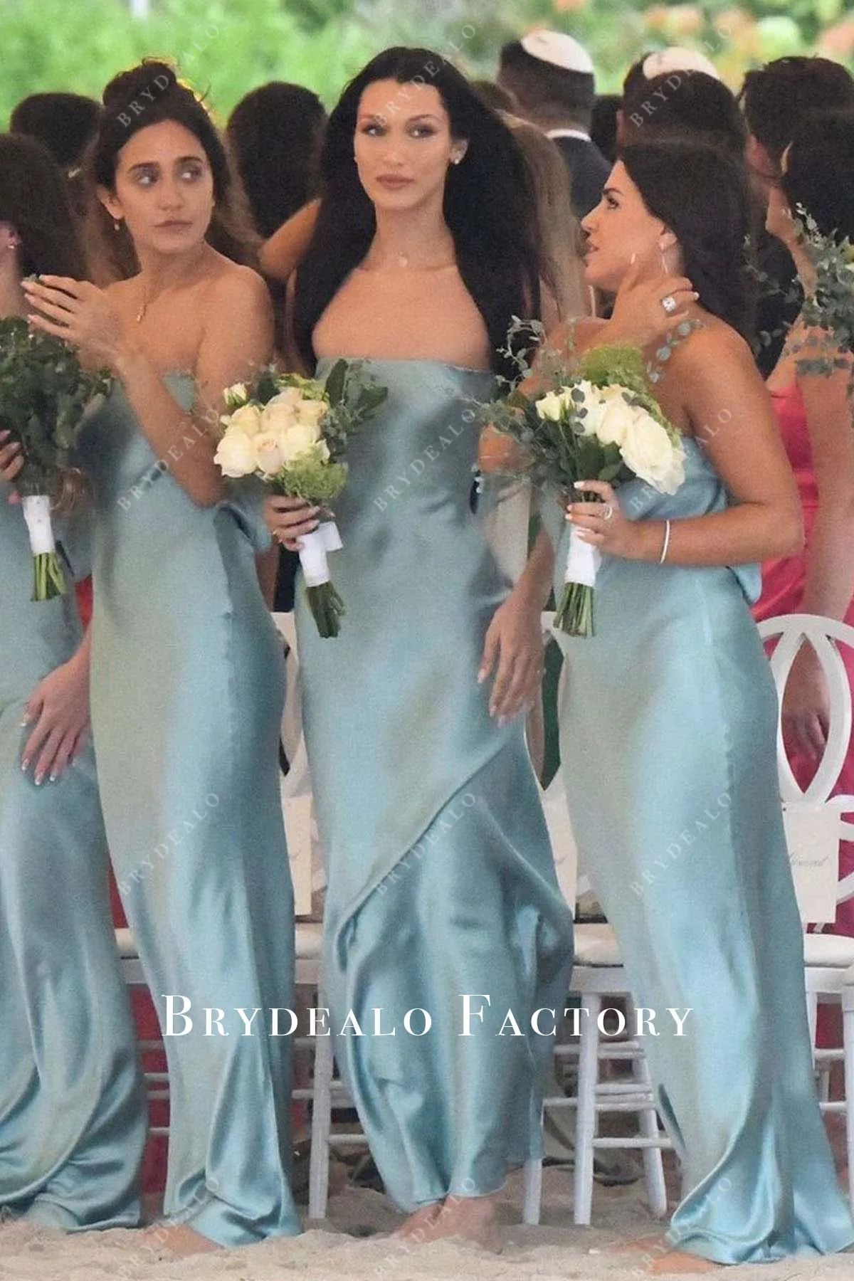 Teal Blue Charmeuse Strapless Cowl Back Bridesmaid Dress