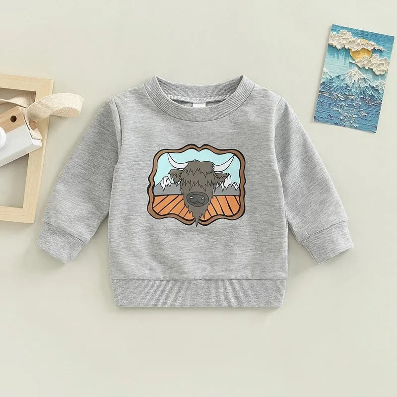 Toddler Kids Boys Solid Color Cartoon Cow Head Print Sweatshirt