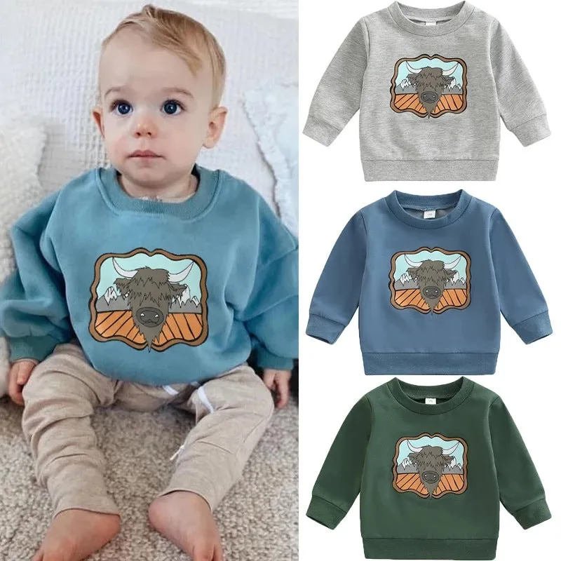 Toddler Kids Boys Solid Color Cartoon Cow Head Print Sweatshirt