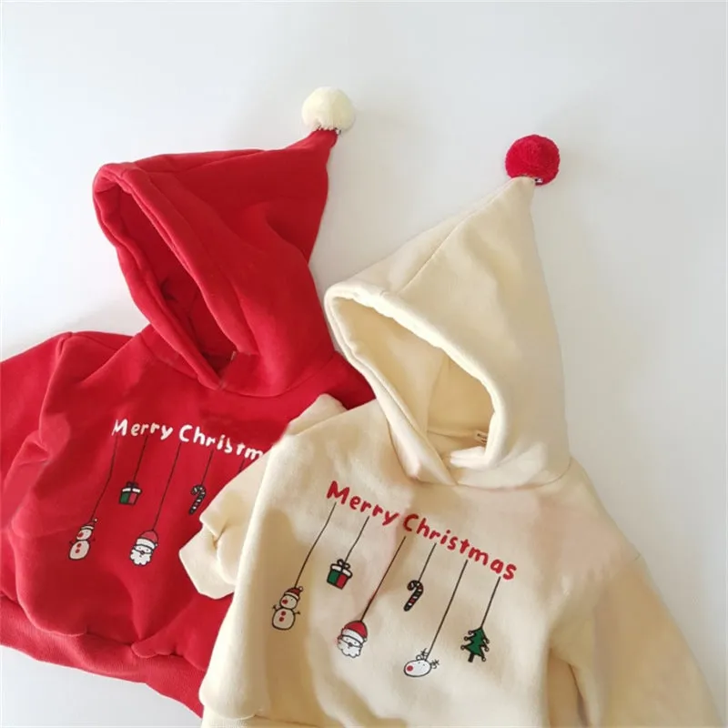 Toddler Kids Solid Cartoon Christmas Print Wool Hoodie Top