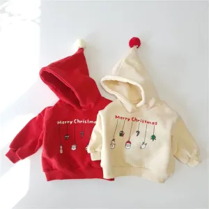 Toddler Kids Solid Cartoon Christmas Print Wool Hoodie Top