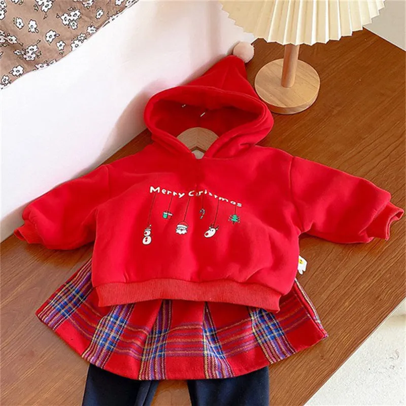 Toddler Kids Solid Cartoon Christmas Print Wool Hoodie Top