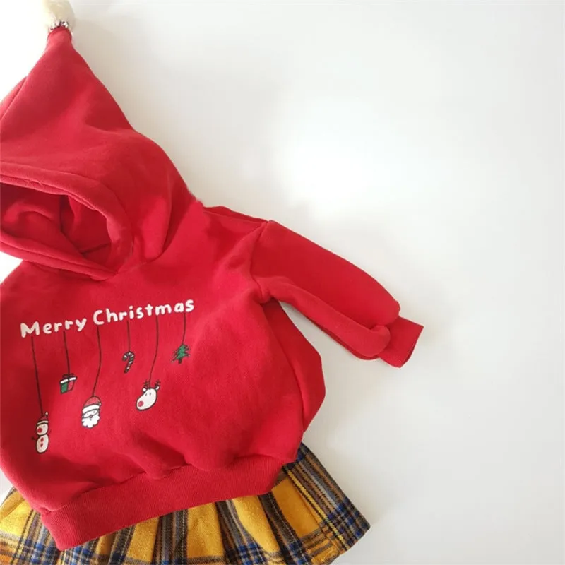 Toddler Kids Solid Cartoon Christmas Print Wool Hoodie Top