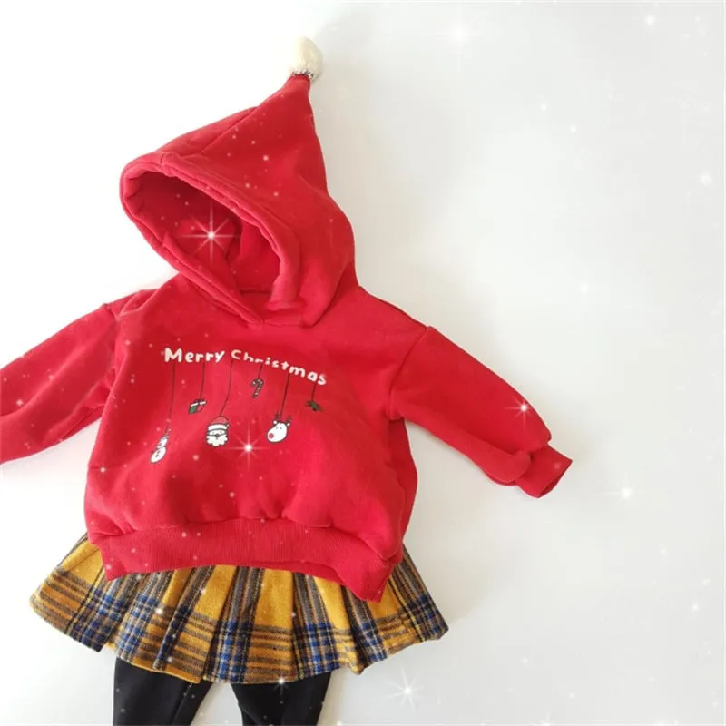 Toddler Kids Solid Cartoon Christmas Print Wool Hoodie Top