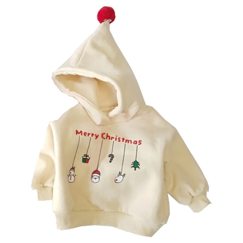 Toddler Kids Solid Cartoon Christmas Print Wool Hoodie Top