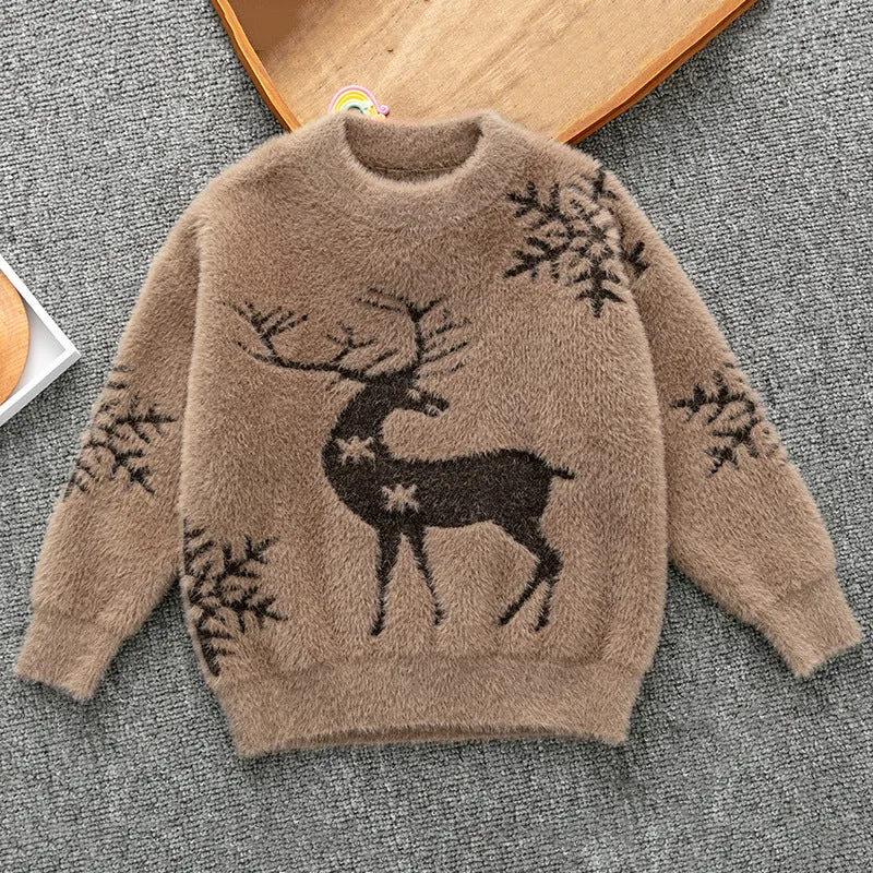 Toddler Kids Solid Color Cartoon Deer Faux Mink Fleece Pullover Top