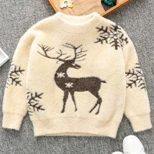 Toddler Kids Solid Color Cartoon Deer Faux Mink Fleece Pullover Top