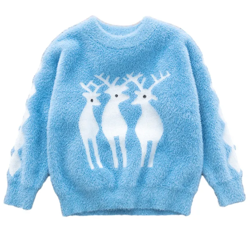 Toddler Kids Solid Color Cartoon Deer Imitation Mink Pullover Knit Top