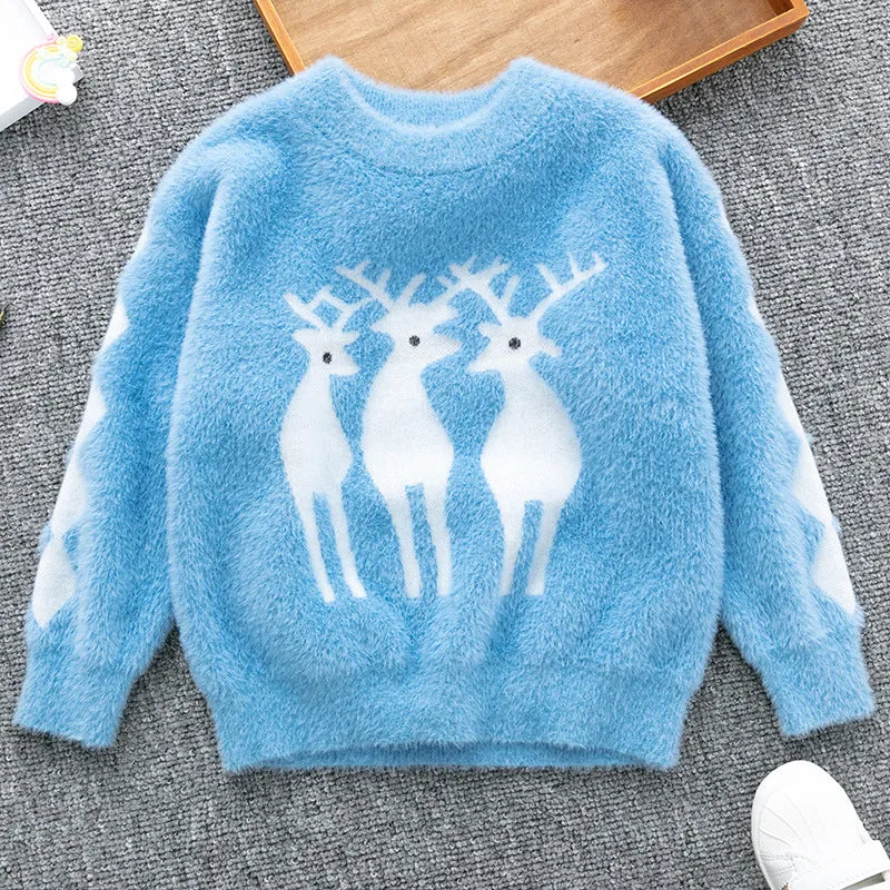 Toddler Kids Solid Color Cartoon Deer Imitation Mink Pullover Knit Top