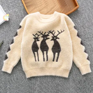 Toddler Kids Solid Color Cartoon Deer Imitation Mink Pullover Knit Top