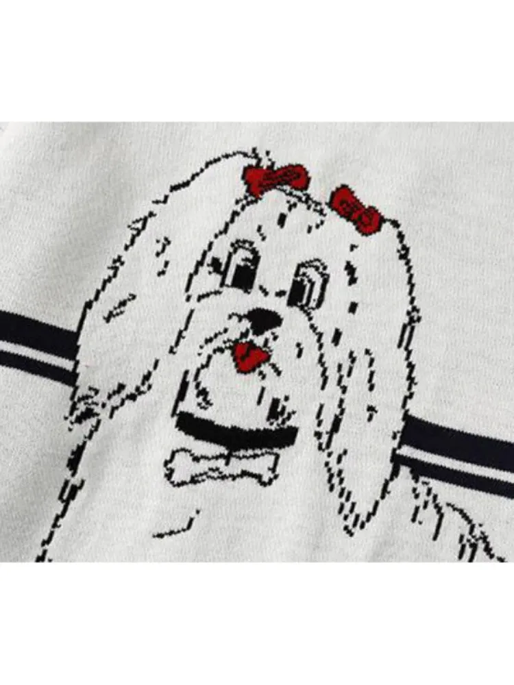 Women Cartoon Dog Embroidery Knitted Sweaters And Pullovers Ruffles Patchwork Girls Knit Jumpe Sweater Jacquard