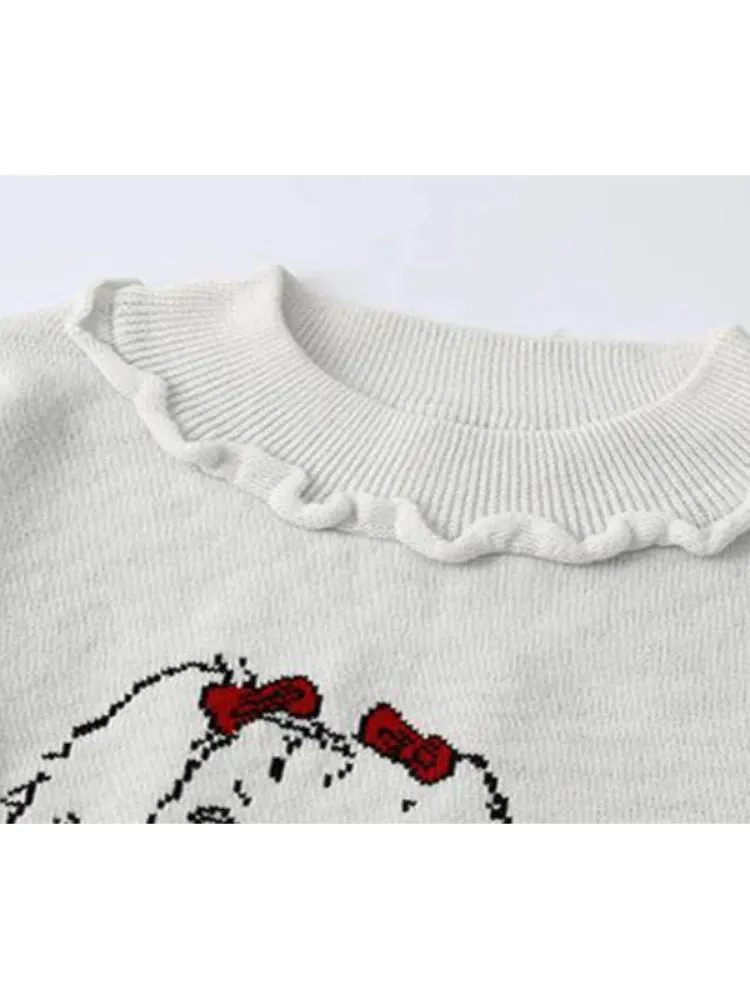 Women Cartoon Dog Embroidery Knitted Sweaters And Pullovers Ruffles Patchwork Girls Knit Jumpe Sweater Jacquard