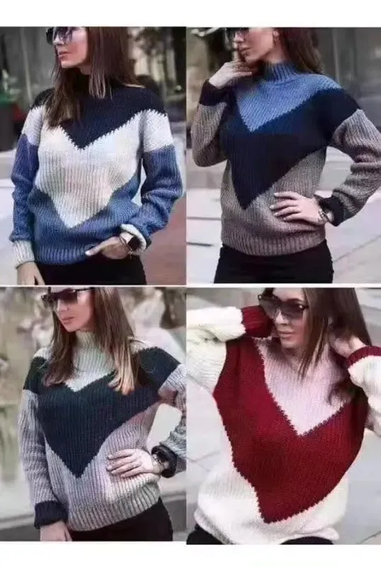 Women's Autumn And Winter Stitching Striped Knit Sweater