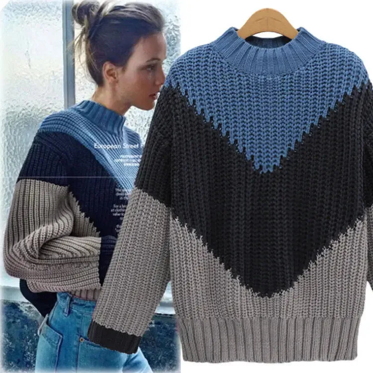 Women's Autumn And Winter Stitching Striped Knit Sweater