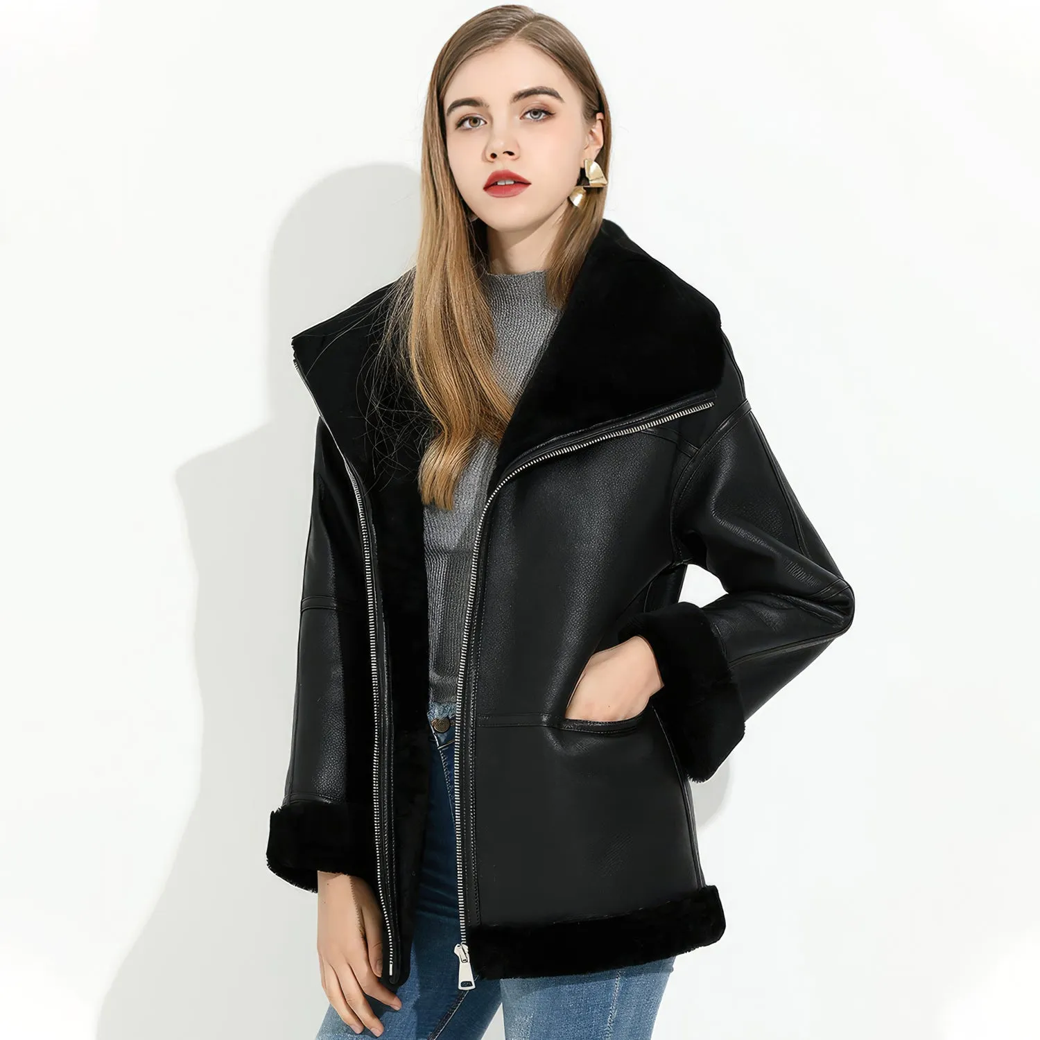 Women’s Black Genuine Sheepskin Sherpa Shearling Faux Fur Lined Winter Warm Eco-Fur Fashionable Aviator Pilot Leather Jacket