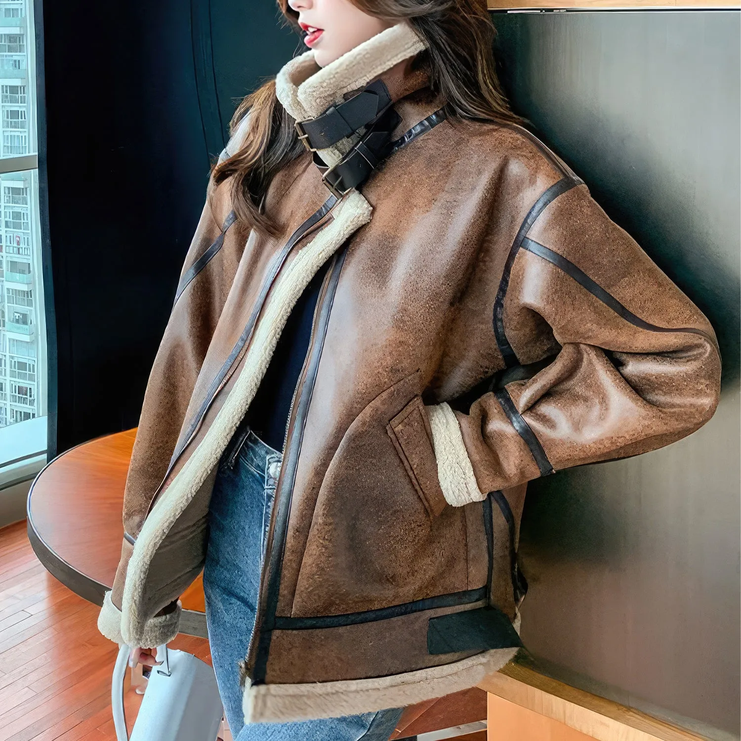 Women’s Distressed Brown Aviator Genuine Sheepskin Sherpa Shearling Faux Fur Lined Thick Winter Warm Streetwear Chic Flight Pilot Leather Jacket