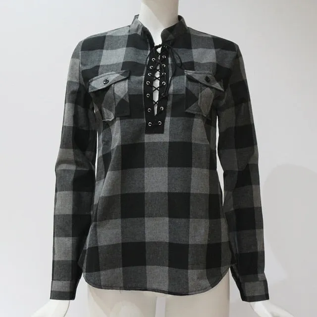 Women's Fashion Top Plaid Blouse Shirt