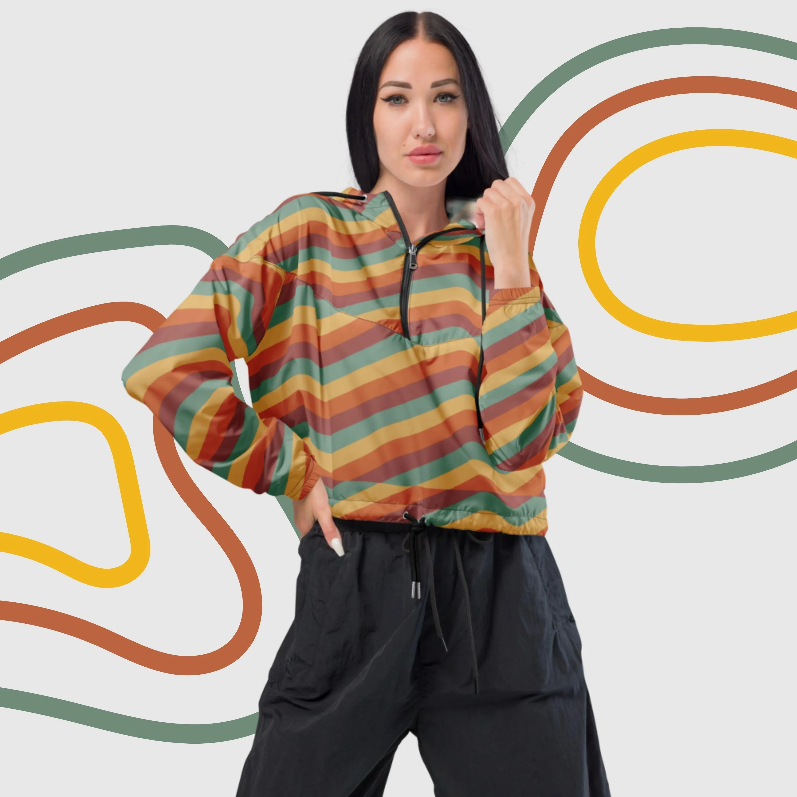 Women’s Retro Wavy Lines Cropped Windbreaker